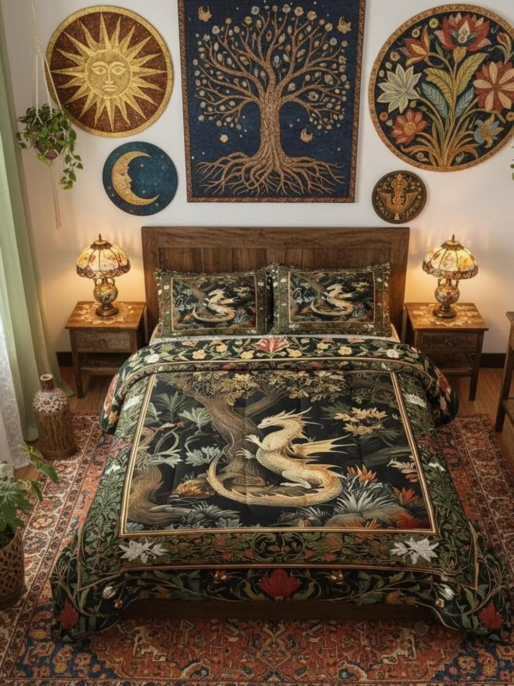 Western Dragon Comforter Set for Kids Country Style Flowers Leaves Bedding Set T